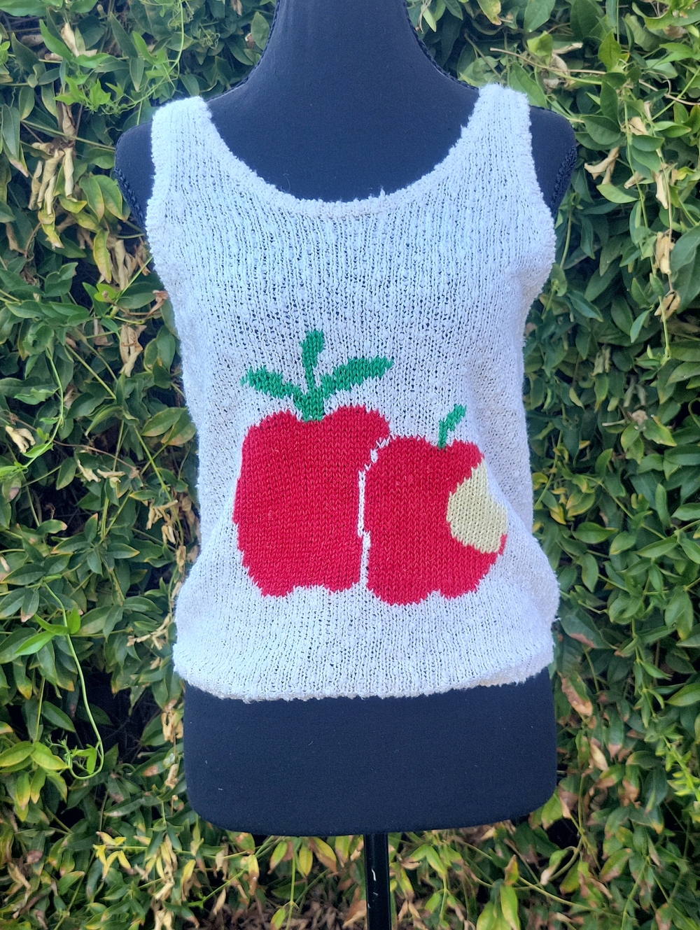 Vintage Cream Cottagecore Knit Tank Sweater with Red Apple Graphic